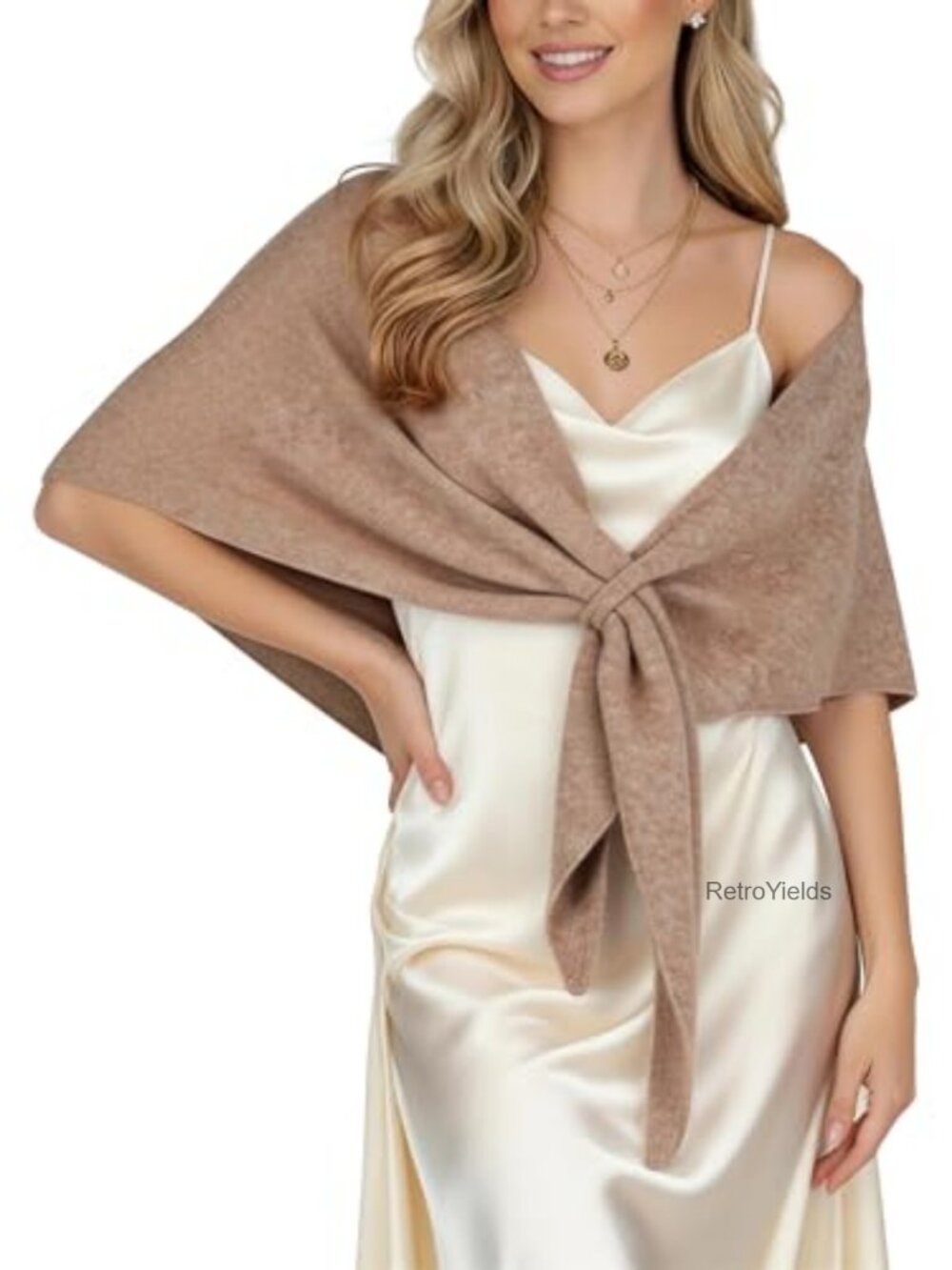 Wool Blend Knit Triangle Scarf Thread-Through Shawl Wrap Poncho
